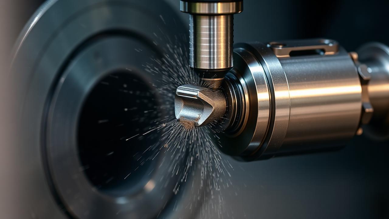 Carbide threading insert cutting a thread on a steel shaft in a CNC lathe.