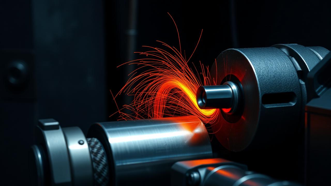 Hard turning operation with a glowing chip curling off a hardened steel part in a CNC lathe.