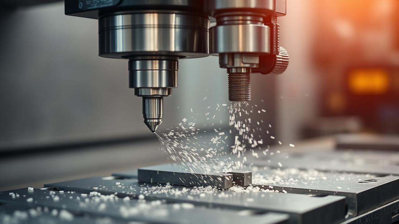 Indexable milling cutter machining a steel plate with chips flying in a CNC machining center.