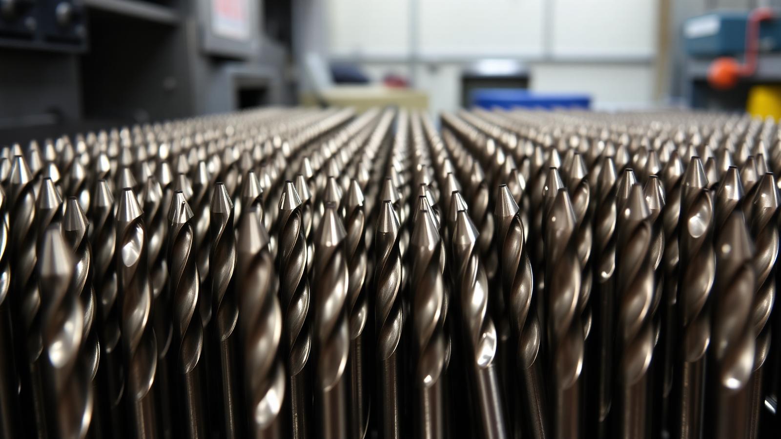 Rows of solid carbide end mills and drills standing upright in a distributor's tool crib.