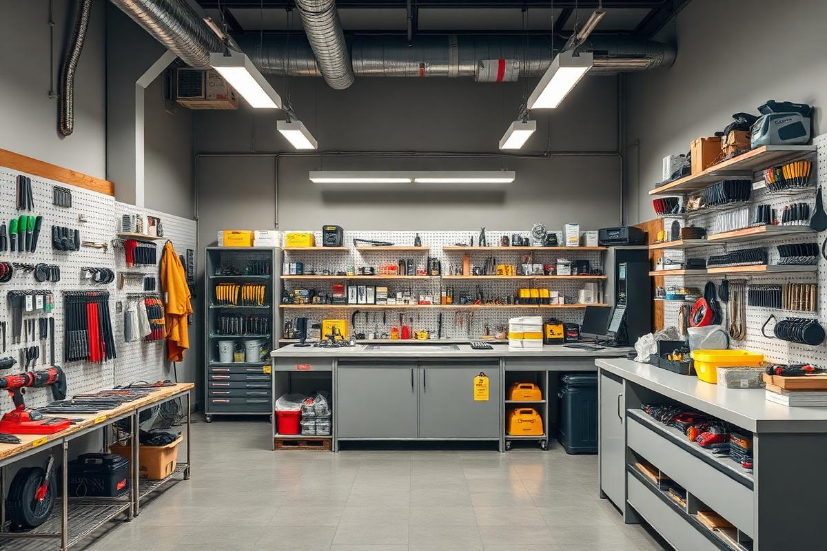 Professional industrial parts distribution counter with cutting tool displays and service desk.