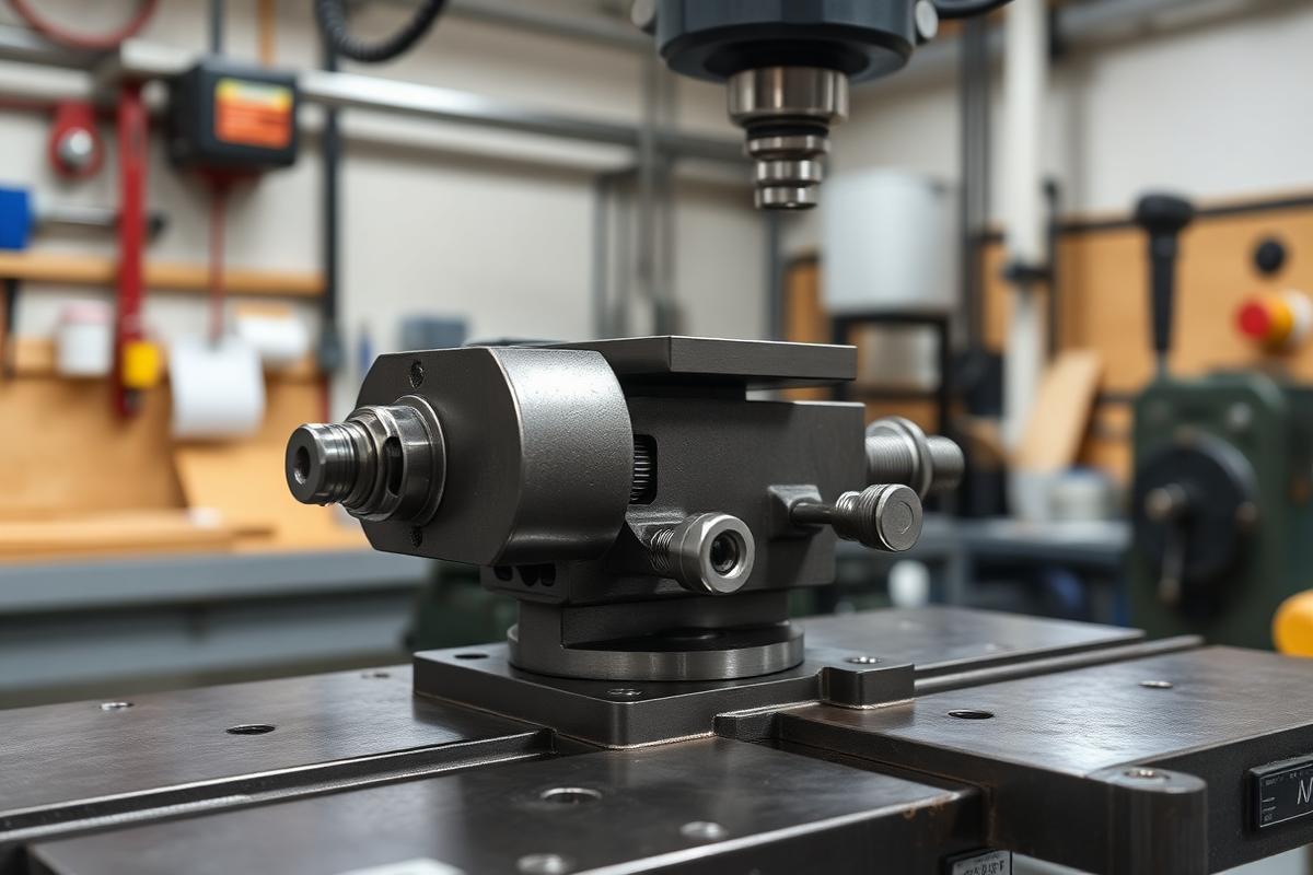 Precision machine vise mounted on a milling machine table in a machine shop.