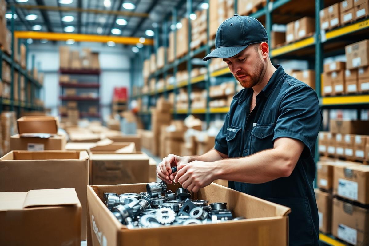 Warehouse worker picking and packing precision machining parts for customer order fulfillment.