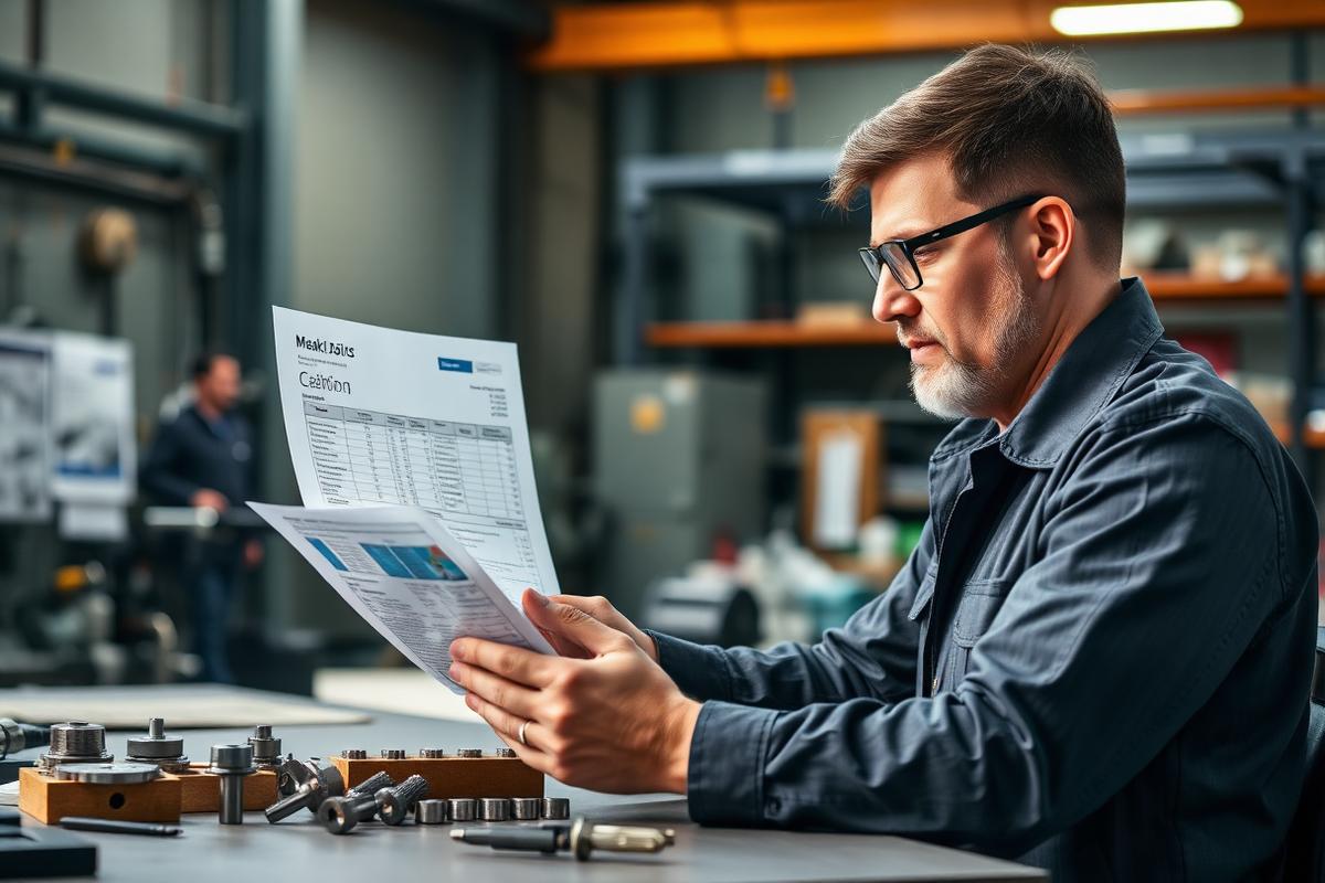 Machining professional reviewing a parts quote at an industrial workspace.