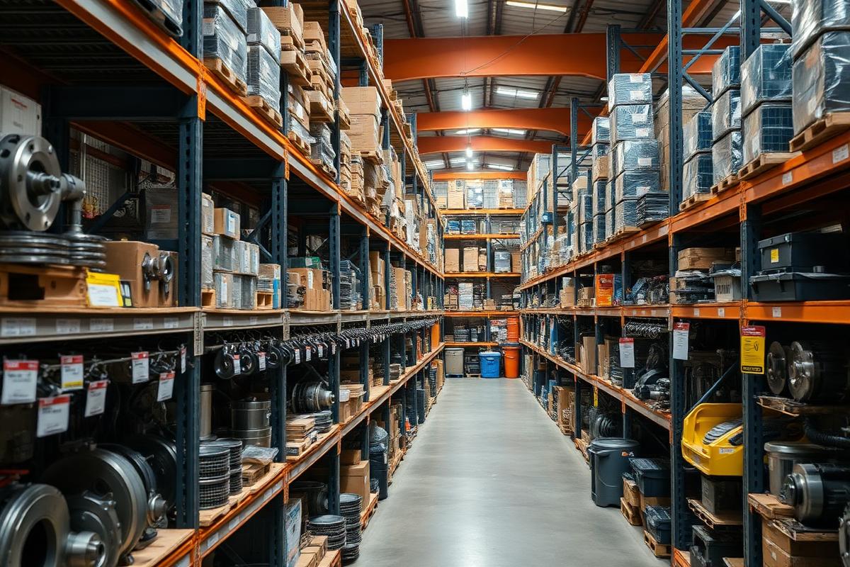 Industrial shelving stocked with machining parts and tooling accessories in a distribution warehouse.
